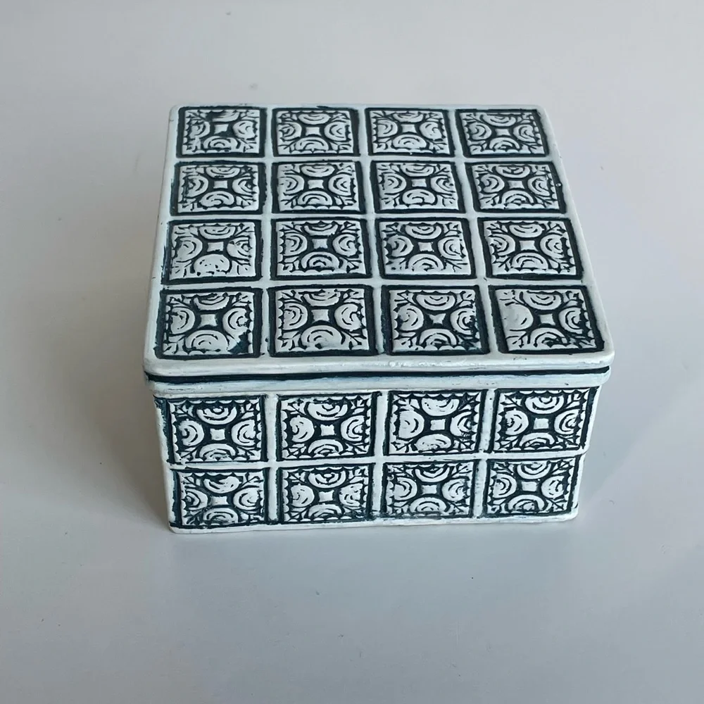 Danzine Jewelry Trinket Box Cobalt White Embossed Moroccan Design Hand Painted